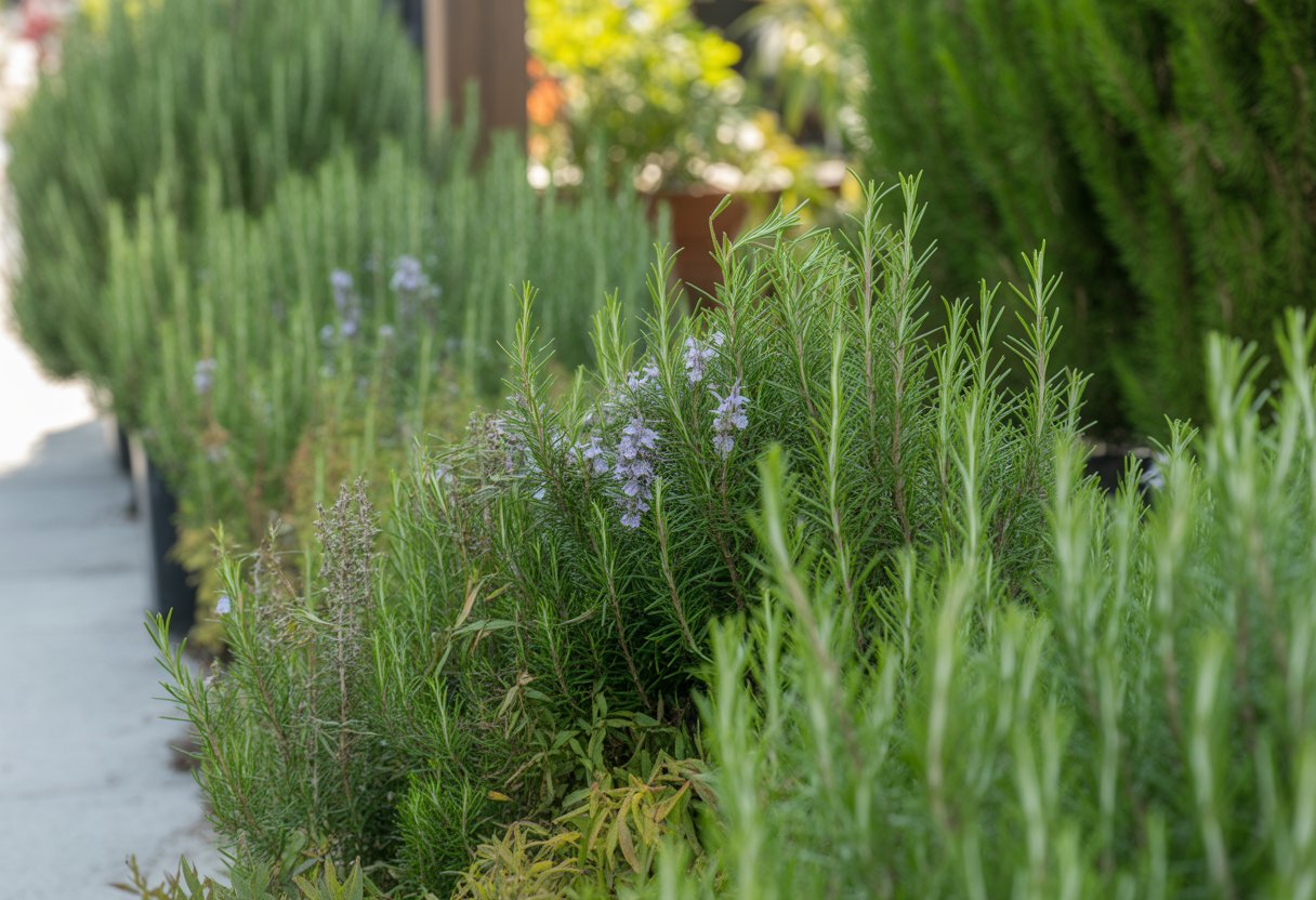Ornamental Rosemary for Landscaping: Enhancing Gardens with Aromatic Elegance - PlantNative.org Close-up of healthy ornamental rosemary bushes growing along a garden pathway with green leaves and small purple flowers.