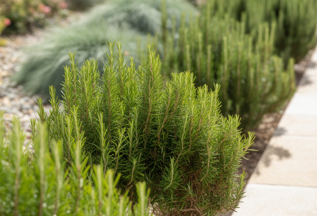 Ornamental Rosemary for Landscaping: Enhancing Gardens with Aromatic Elegance - PlantNative.org A garden scene with dense, green ornamental rosemary bushes growing along a pathway surrounded by other plants.