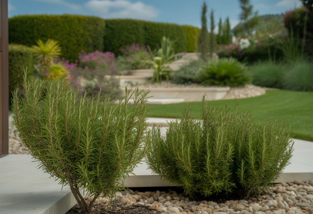 Ornamental Rosemary for Landscaping: Enhancing Gardens with Aromatic Elegance - PlantNative.org A landscaped garden with neatly trimmed ornamental rosemary bushes, stone pathways, and green grass under clear daylight.