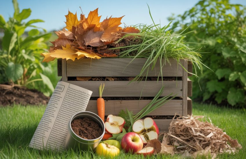A wooden compost bin filled with leaves, vegetable scraps, coffee grounds, grass clippings, shredded newspaper, and twigs in a garden setting.