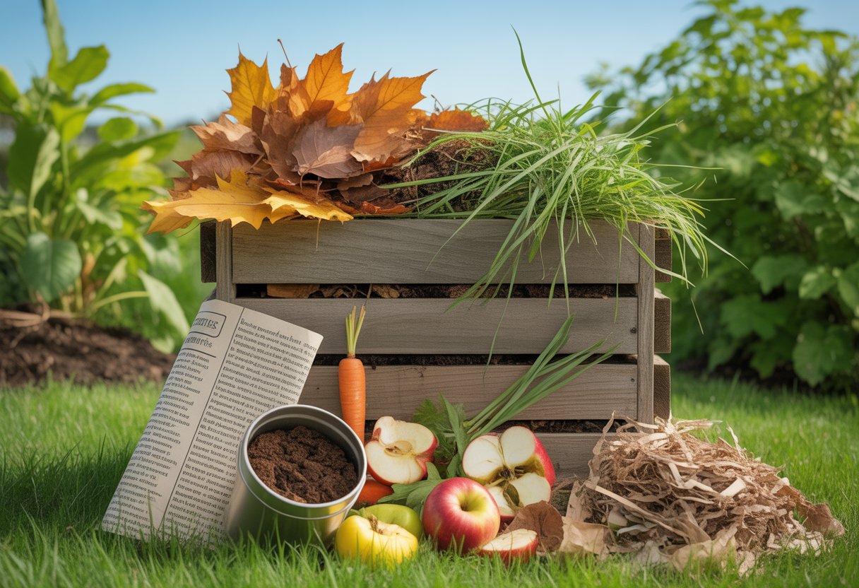A wooden compost bin filled with leaves, vegetable scraps, coffee grounds, grass clippings, shredded newspaper, and twigs in a garden setting.