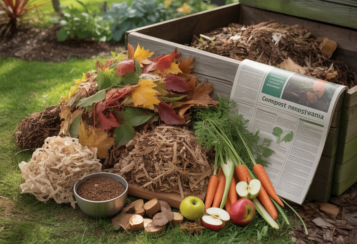 An outdoor composting area with various compost materials including autumn leaves, vegetable scraps, coffee grounds, grass clippings, and wood chips near a wooden compost bin in a garden.
