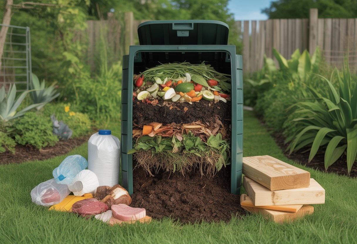 Outdoor compost bin with layers of vegetable scraps and leaves, surrounded by materials like plastic bags and meat scraps that should be avoided in composting.