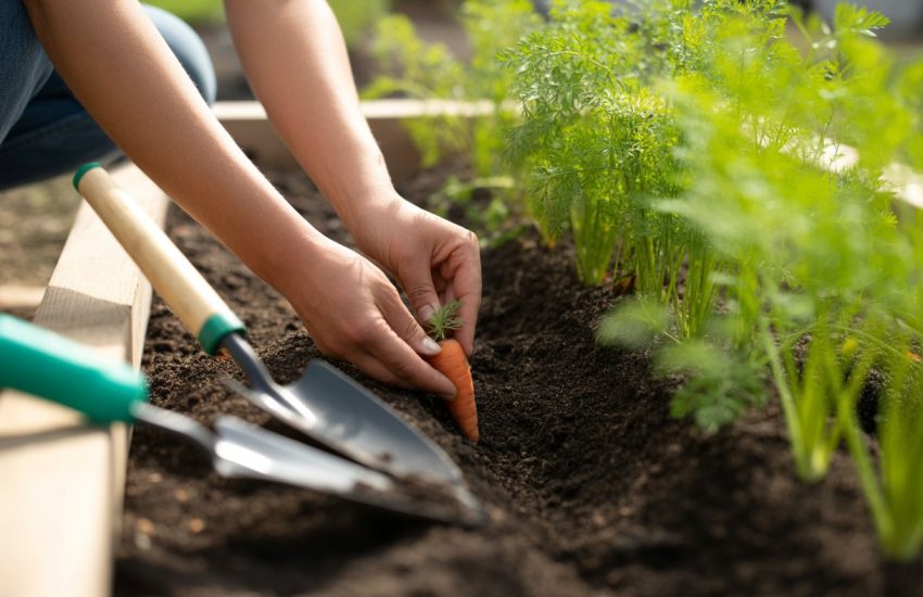 Hands planting carrot seeds in soil with green carrot tops growing nearby and gardening tools visible.