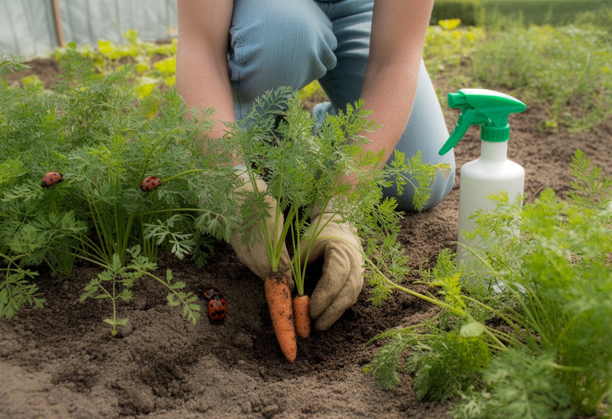 Close-up of carrot seedlings growing in soil with a gardener's gloved hands planting seeds and ladybugs on the leaves in a vegetable garden.