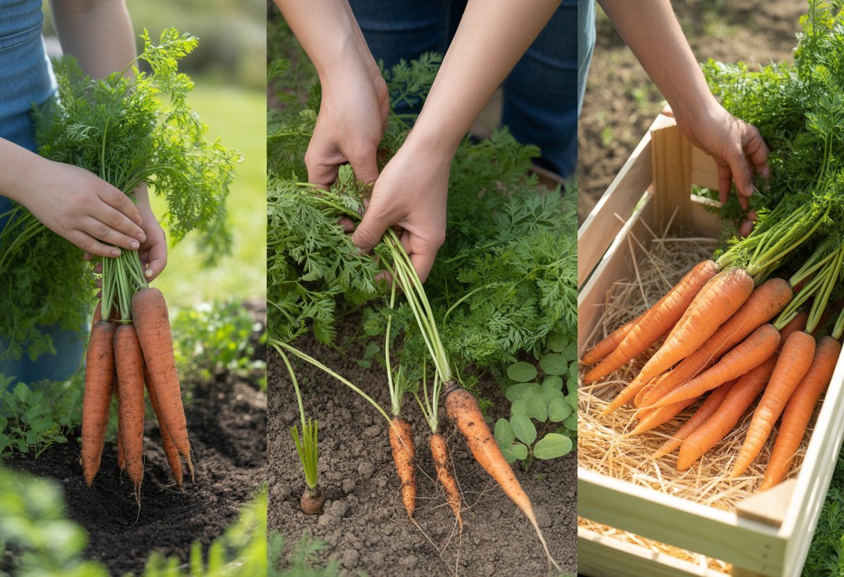 Hands harvesting carrots from soil, caring for carrot seedlings, and storing fresh carrots in a wooden crate outdoors.