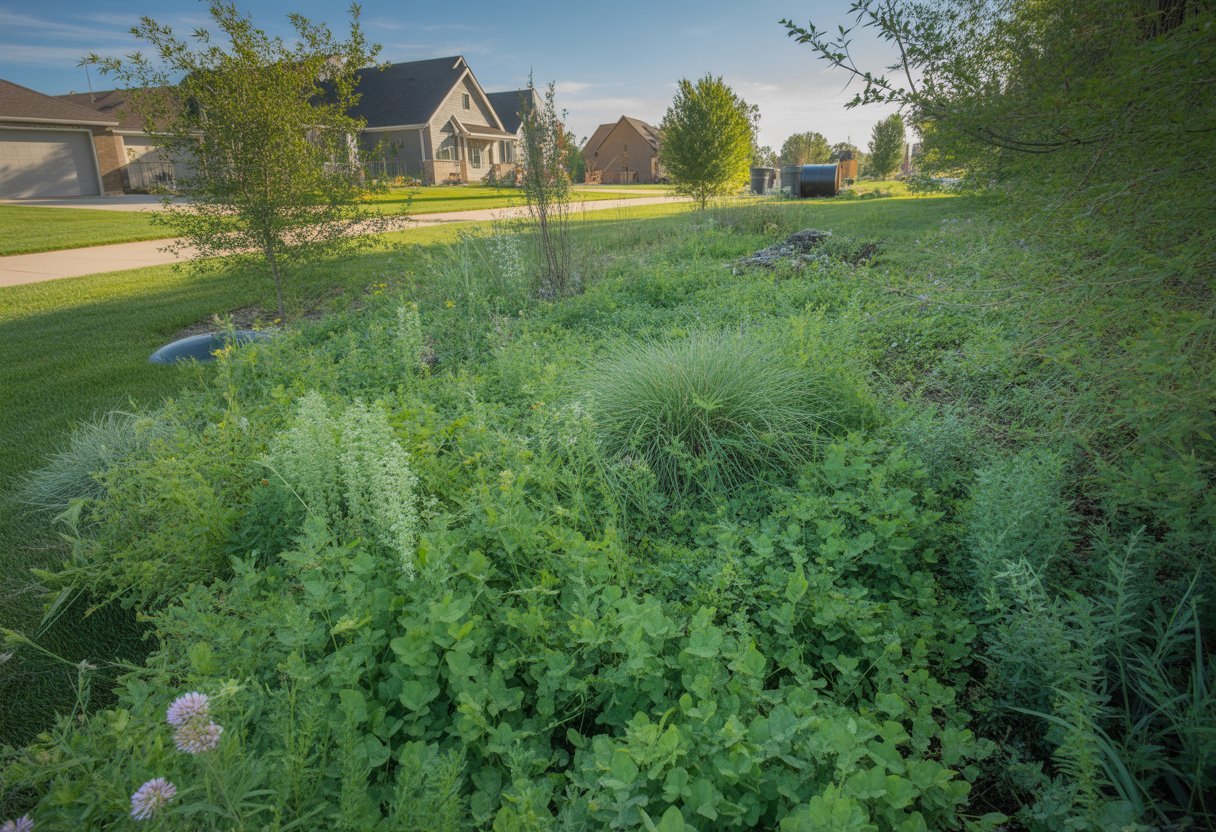 Eco-Friendly Lawn Alternatives South Dakota for Sustainable Landscaping Solutions - PlantNative.org A residential lawn in South Dakota with a mix of native grasses and wildflowers in front of a modern house under a clear blue sky.