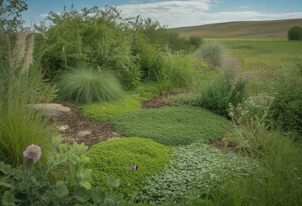 Eco-Friendly Lawn Alternatives South Dakota for Sustainable Landscaping Solutions - PlantNative.org A garden with native grasses, clover, and wildflowers in a South Dakota rural landscape under a clear blue sky.