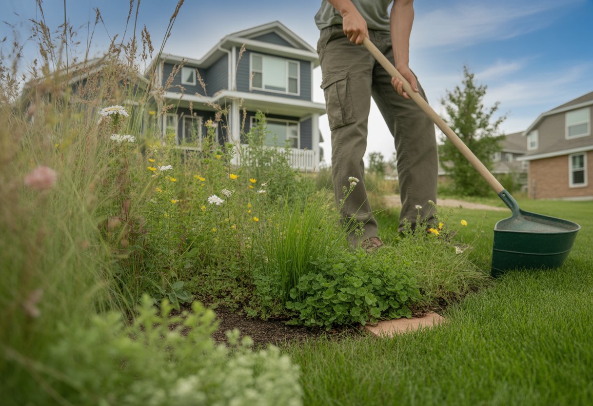 Eco-Friendly Lawn Alternatives South Dakota for Sustainable Landscaping Solutions - PlantNative.org A person tending to a diverse, eco-friendly lawn with clover and native plants in front of a suburban home on a sunny day.
