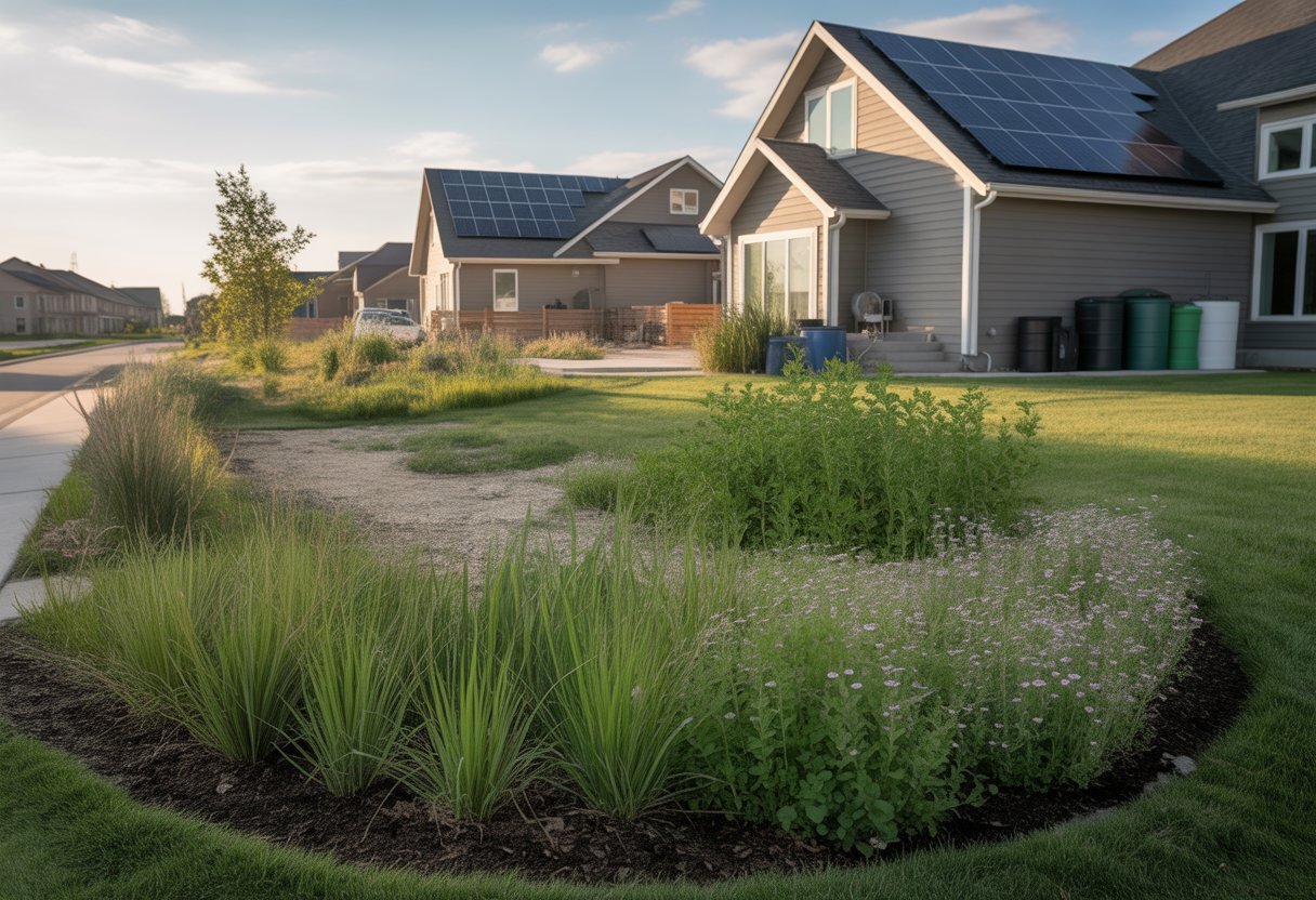 Eco-Friendly Lawn Alternatives South Dakota for Sustainable Landscaping Solutions - PlantNative.org A suburban home in South Dakota with an eco-friendly lawn featuring native grasses, clover, wildflowers, solar panels, rainwater barrels, and a compost bin.