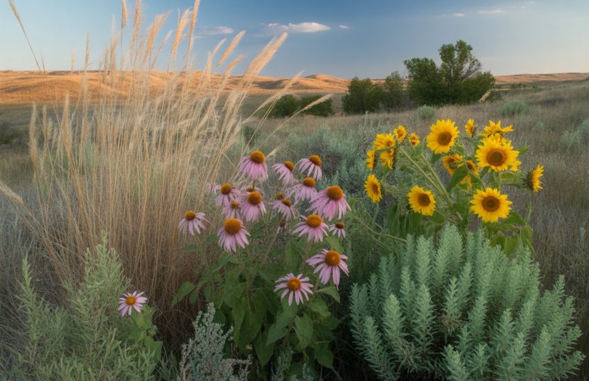 A Nebraska prairie with drought-tolerant native plants including grasses, purple coneflowers, sunflowers, and sagebrush under a clear blue sky.