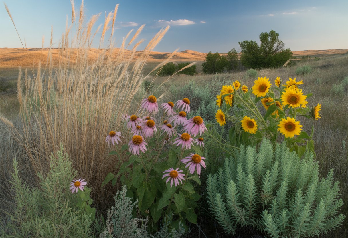 A Nebraska prairie with drought-tolerant native plants including grasses, purple coneflowers, sunflowers, and sagebrush under a clear blue sky.