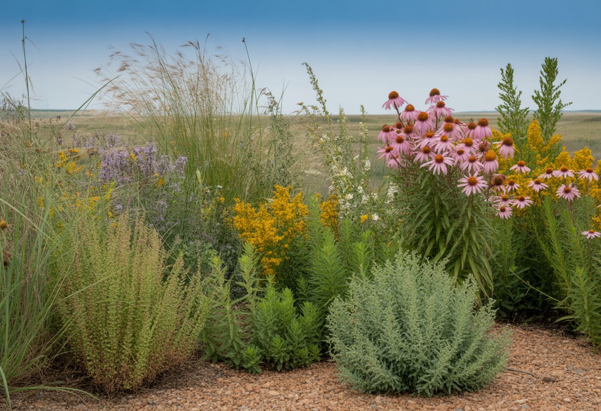 A Nebraska garden with drought-tolerant native plants growing in dry soil under a clear blue sky.