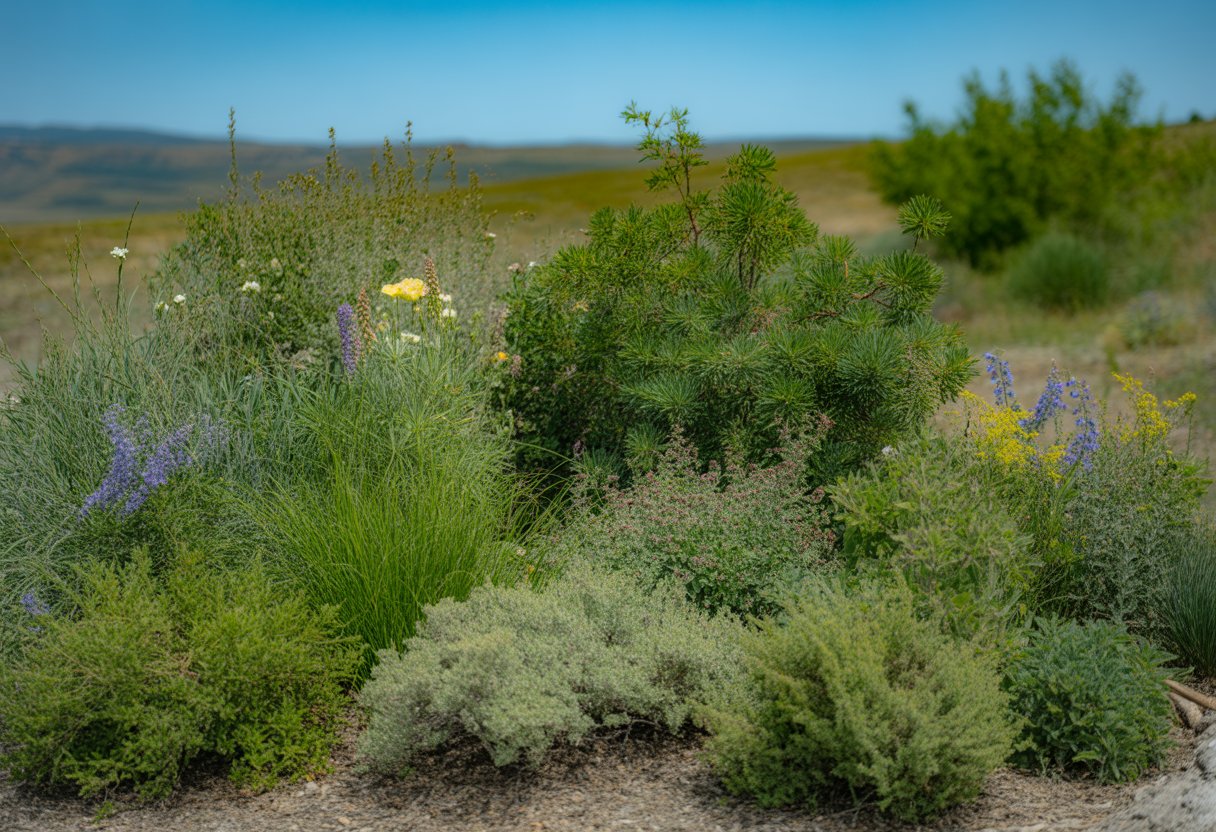 A garden bed filled with various low maintenance native plants from Idaho, including grasses, wildflowers, and shrubs under a clear blue sky.