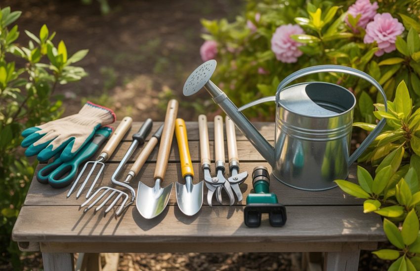A collection of gardening tools arranged on a wooden table outdoors with green plants and flowers in the background.