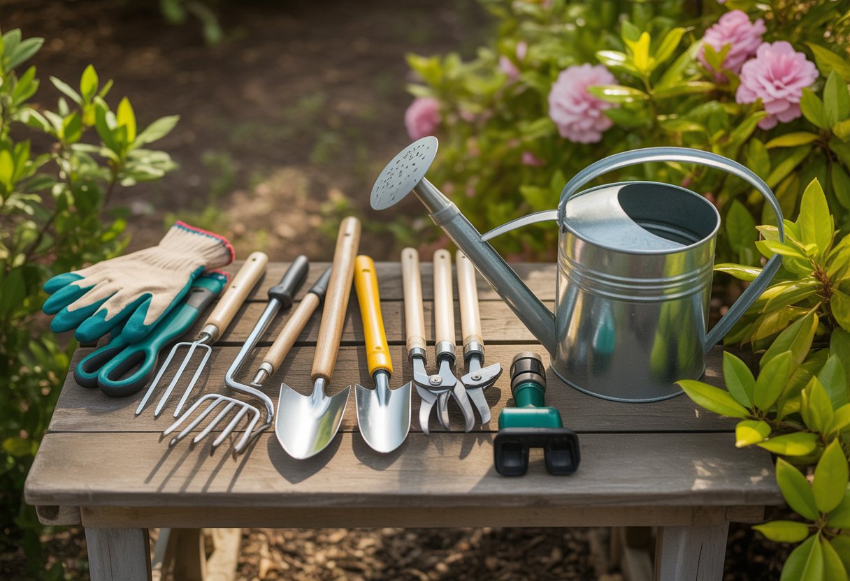 Tools Every South Carolina Gardener Needs for Efficient Year-Round Growth - PlantNative.org A collection of gardening tools arranged on a wooden table outdoors with green plants and flowers in the background.