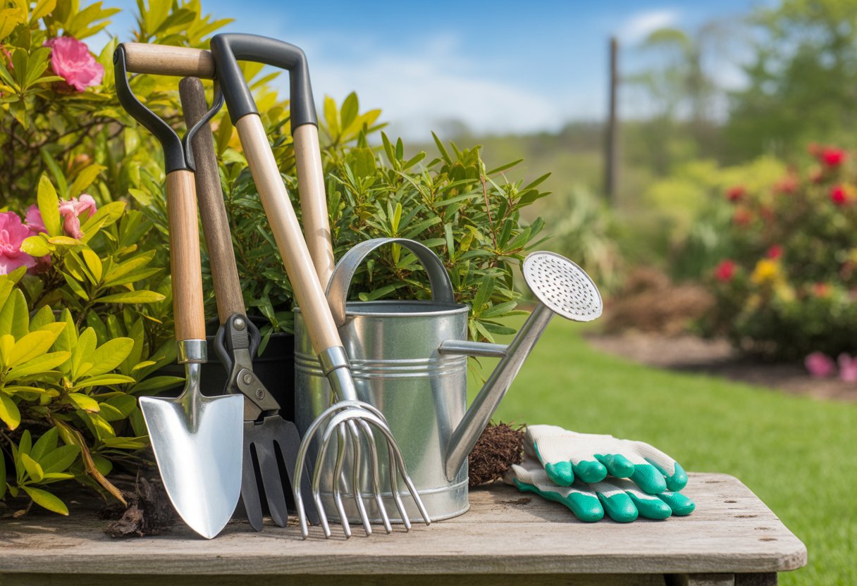 Tools Every South Carolina Gardener Needs for Efficient Year-Round Growth - PlantNative.org Gardening tools including a hand trowel, pruning shears, garden fork, watering can, gloves, and rake arranged on a wooden table with green plants and flowers in a sunny garden.