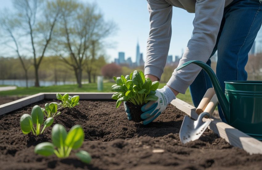 Hands planting young spinach seedlings in soil in an outdoor garden with trees and a city skyline in the background.
