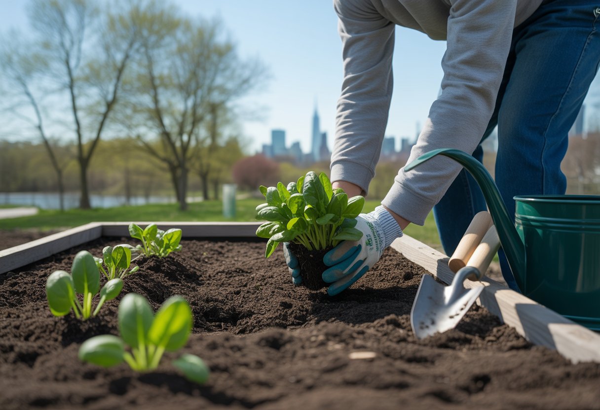 Hands planting young spinach seedlings in soil in an outdoor garden with trees and a city skyline in the background.