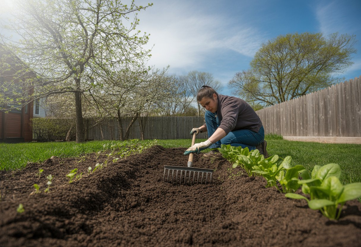A gardener preparing soil and seedlings for planting spinach in a backyard garden.