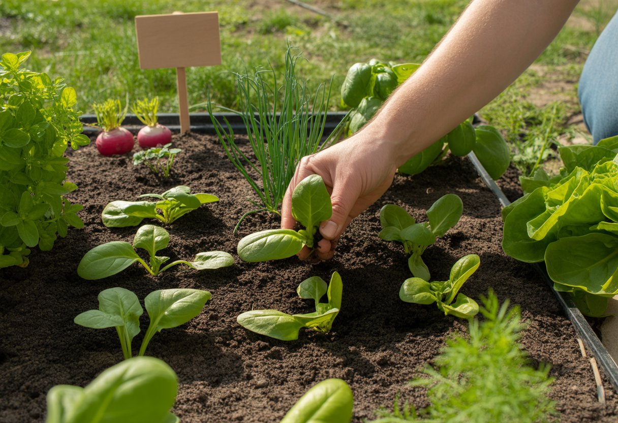 Hands planting spinach seedlings in a garden bed surrounded by companion plants like radishes and herbs under bright sunlight.