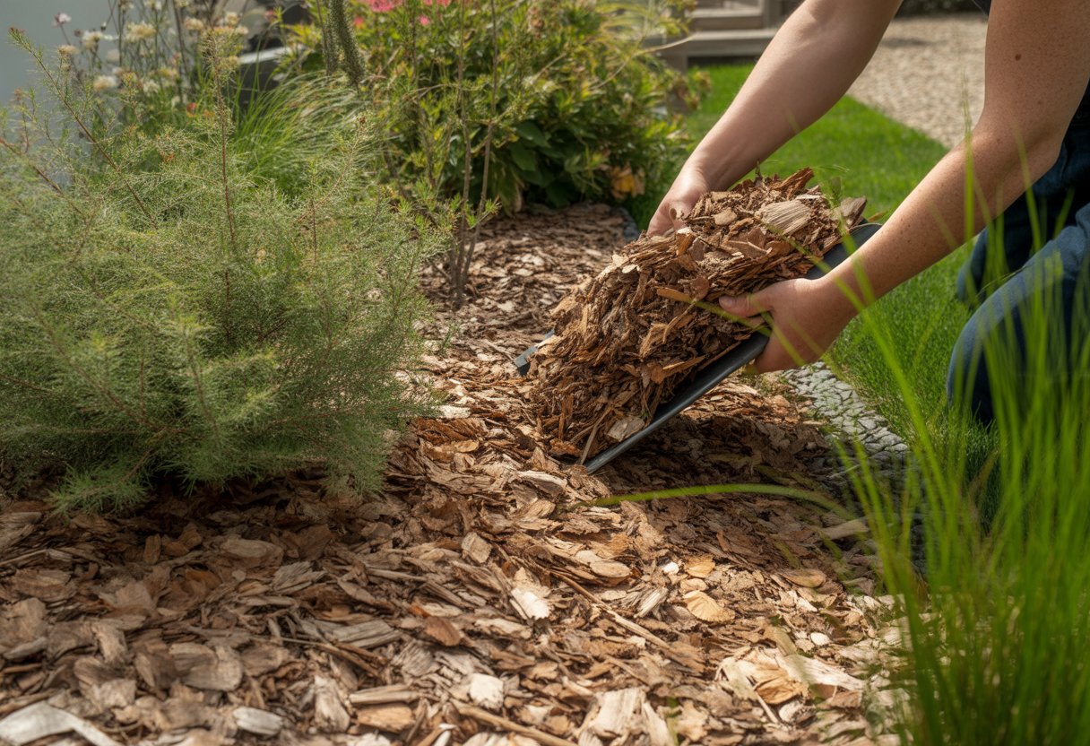 Mulching Techniques for Native Gardens: Essential Practices for Healthy Soil and Plant Growth - PlantNative.org Close-up of hands spreading natural mulch around native plants in a garden bed.