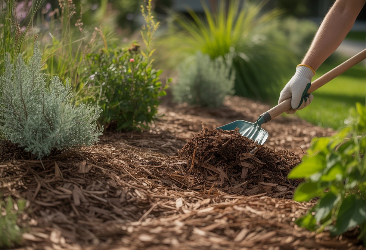 Mulching Techniques for Native Gardens: Essential Practices for Healthy Soil and Plant Growth - PlantNative.org A gardener spreading dark mulch around native plants in a garden bed with native grasses and wildflowers in the background.