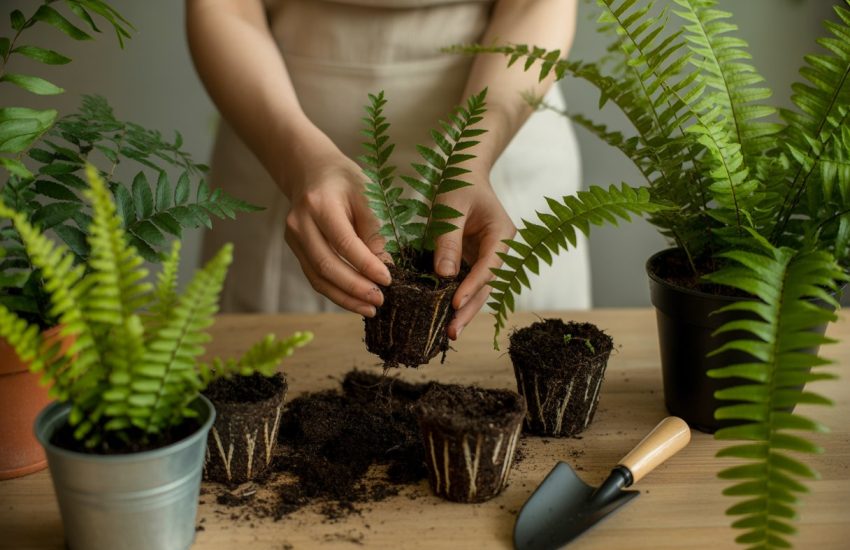 Hands planting fern rhizomes into small pots with green ferns and gardening tools on a wooden table.