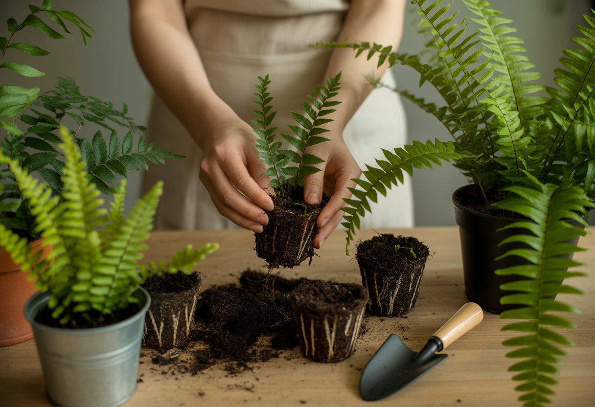 Hands planting fern rhizomes into small pots with green ferns and gardening tools on a wooden table.