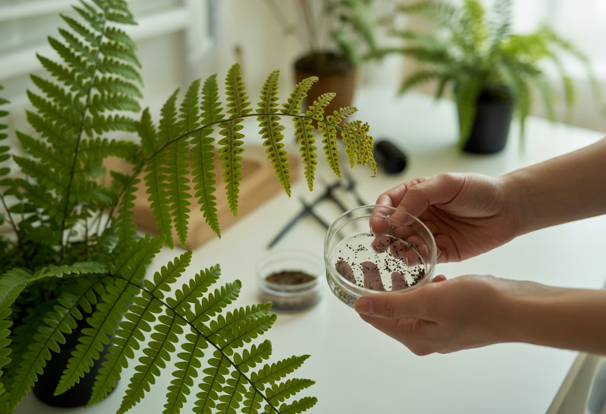 Close-up of green fern leaves with spore clusters and hands handling a container with fern spores in a bright indoor setting.