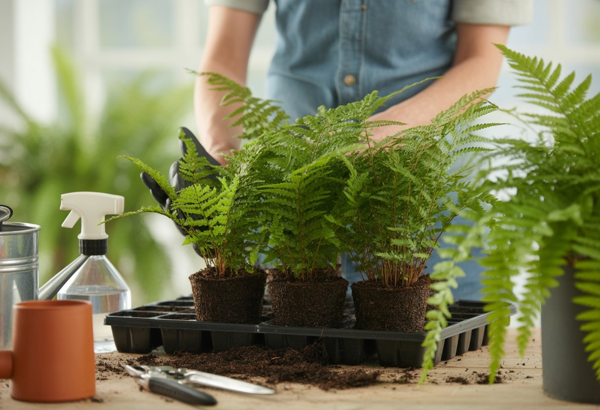 Close-up of hands caring for small fern seedlings in pots with gardening tools nearby.