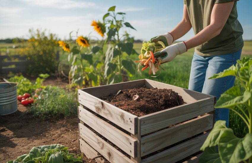 A gardener adding kitchen scraps to a wooden compost bin in a garden with sunflowers and vegetables under a clear blue sky.