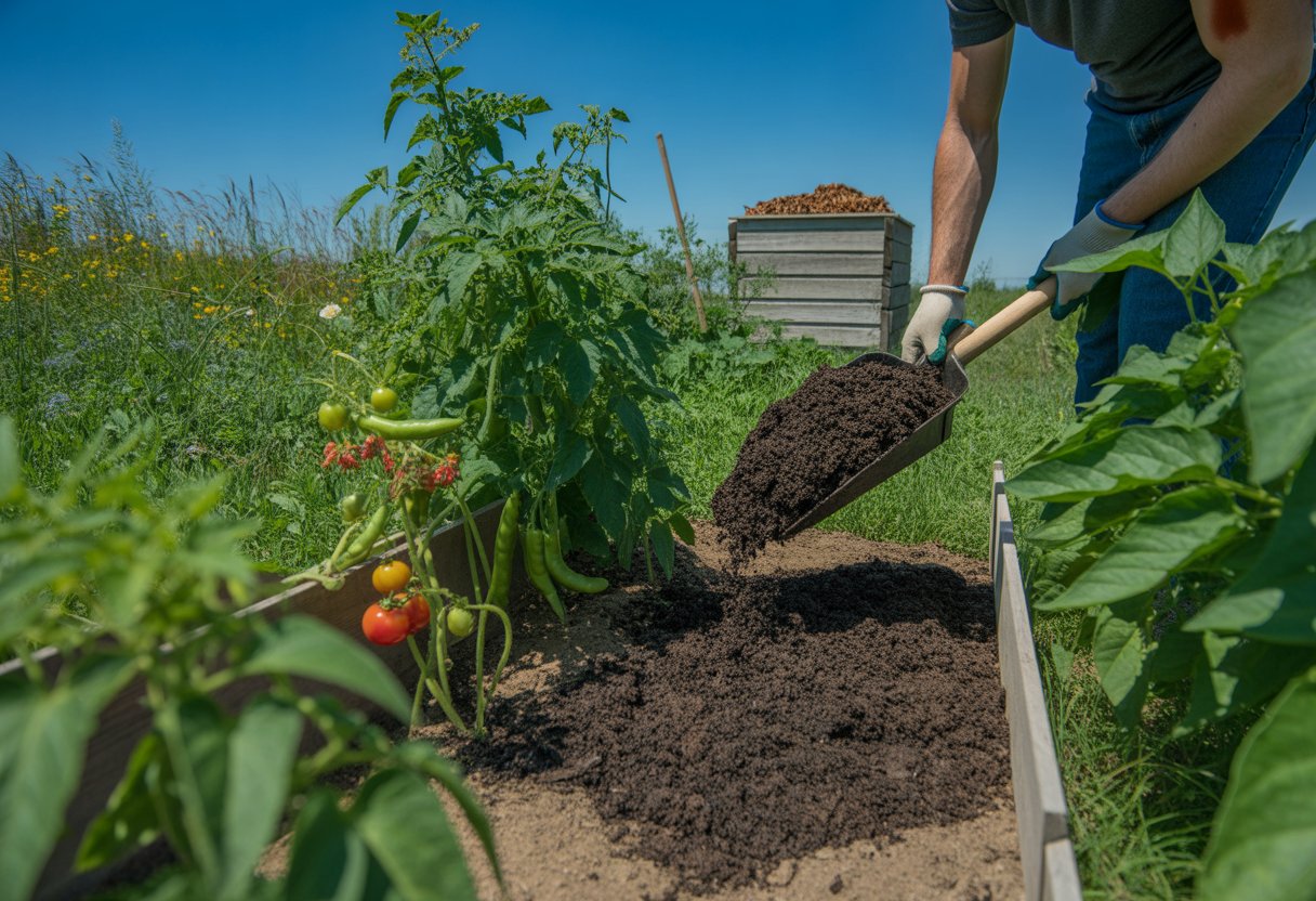 A gardener adding compost to a raised vegetable bed in a South Dakota garden with healthy plants and a compost bin nearby.