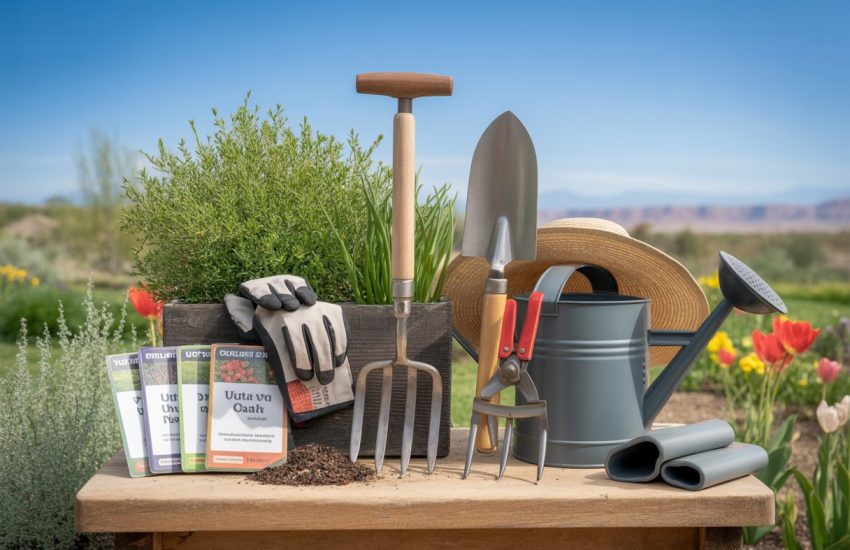 A collection of gardening tools arranged on a wooden table outdoors with a garden and red rock formations in the background.