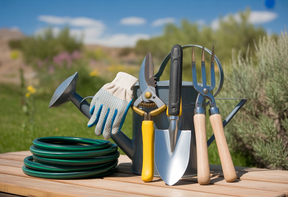 Tools Every Utah Gardener Needs for Year-Round Success - PlantNative.org A collection of gardening tools arranged on a wooden table with Utah native plants and a clear blue sky in the background.