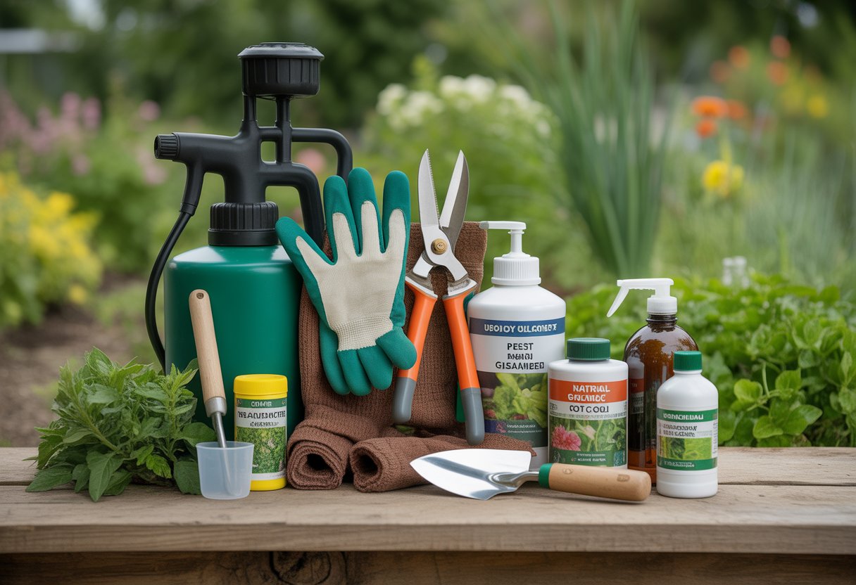 Tools Every Utah Gardener Needs for Year-Round Success - PlantNative.org A collection of gardening tools for pest and disease management arranged on a wooden table with a garden in the background.