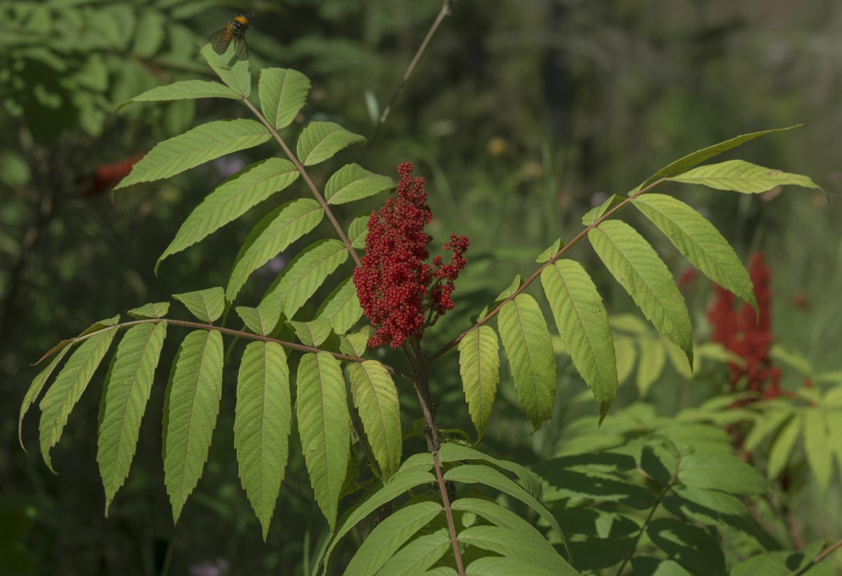 A healthy native sumac plant with green leaves and red berry clusters growing outdoors in a sunlit natural environment with other plants and insects nearby.