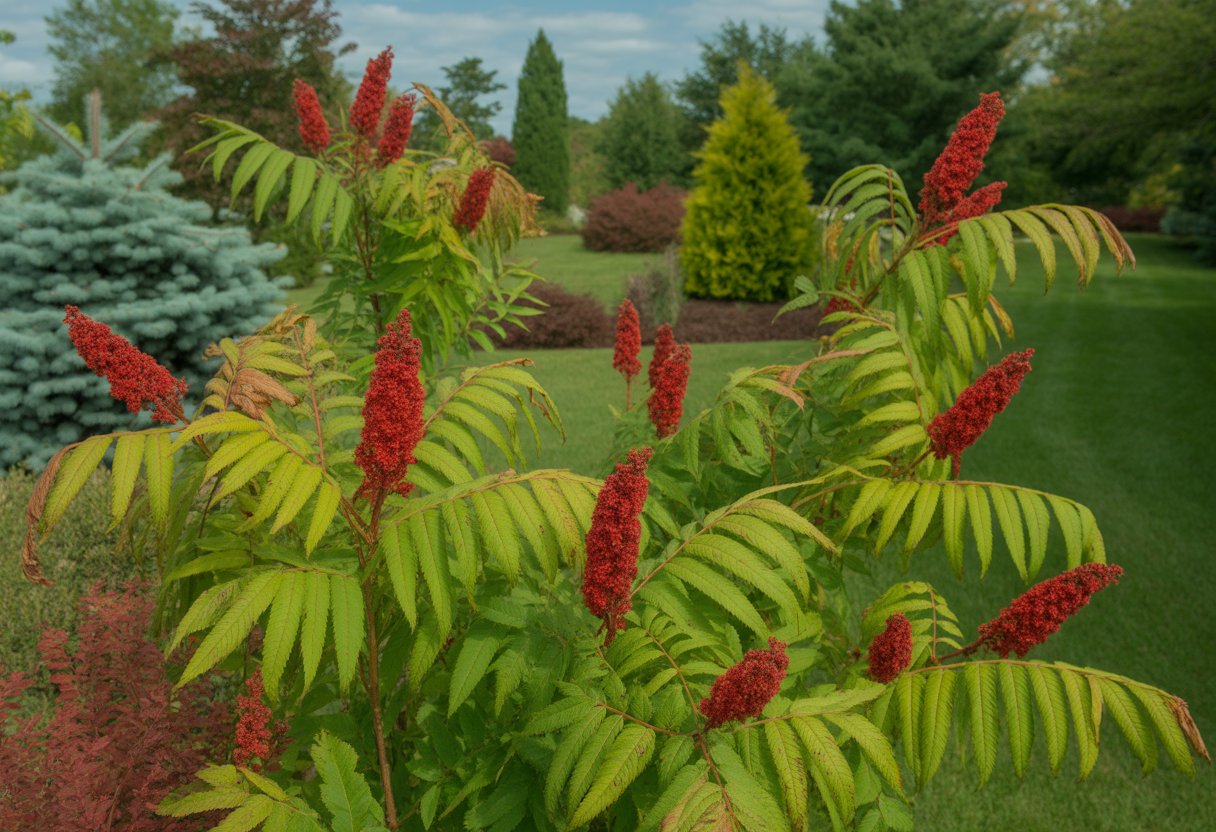 A garden scene with native sumac plants showing green leaves and red berries surrounded by other plants and trees.