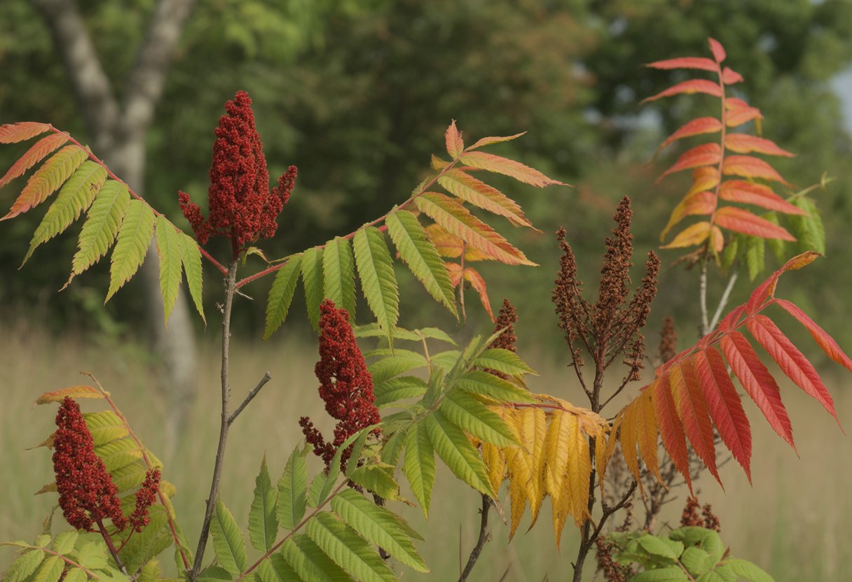 Several native sumac plants with green and red leaves and clusters of red fruit growing outdoors in a natural setting.