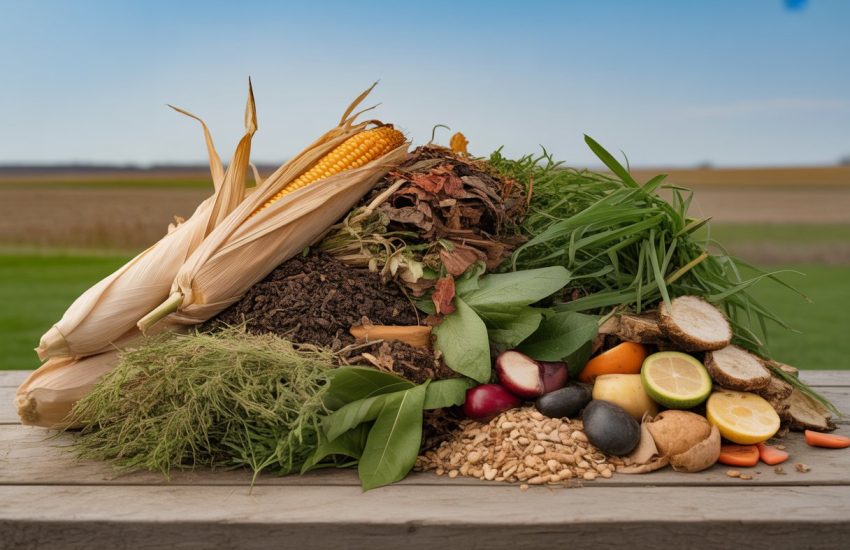A variety of compost materials including dried corn stalks, grass clippings, leaves, vegetable scraps, coffee grounds, and wood chips arranged on a wooden table outdoors with a farm field in the background.