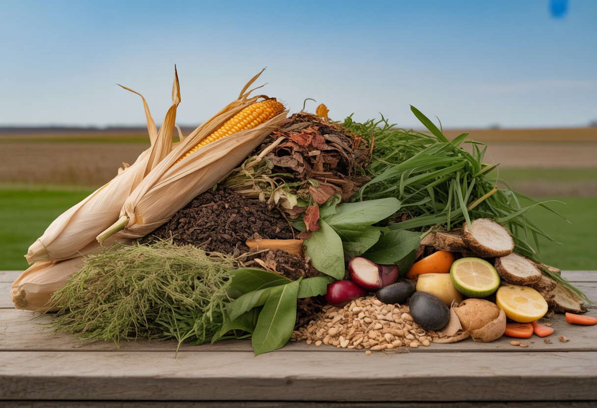 A variety of compost materials including dried corn stalks, grass clippings, leaves, vegetable scraps, coffee grounds, and wood chips arranged on a wooden table outdoors with a farm field in the background.