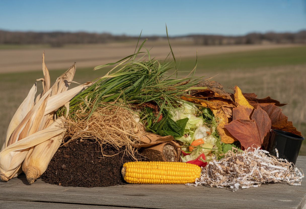 A variety of compost materials including dried corn stalks, soybean residues, leaves, grass clippings, vegetable scraps, coffee grounds, and shredded paper arranged outdoors with a farm landscape in the background.