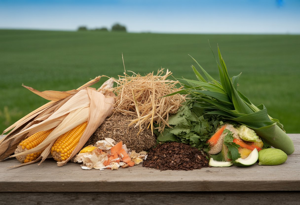 Various natural compost materials arranged outdoors with a green field and blue sky in the background.