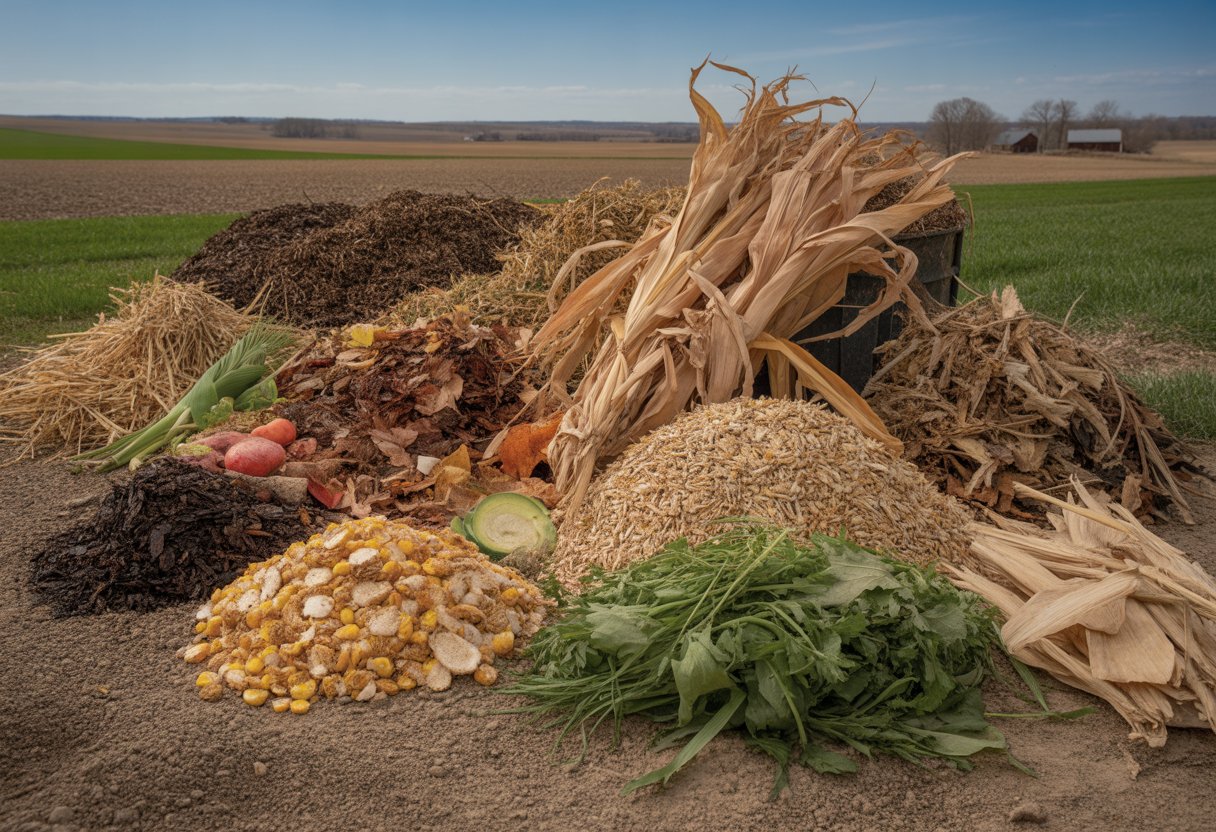 Various compost materials like dried corn stalks, straw, leaves, and vegetable scraps arranged outdoors with a rural North Dakota field and farmhouse in the background.