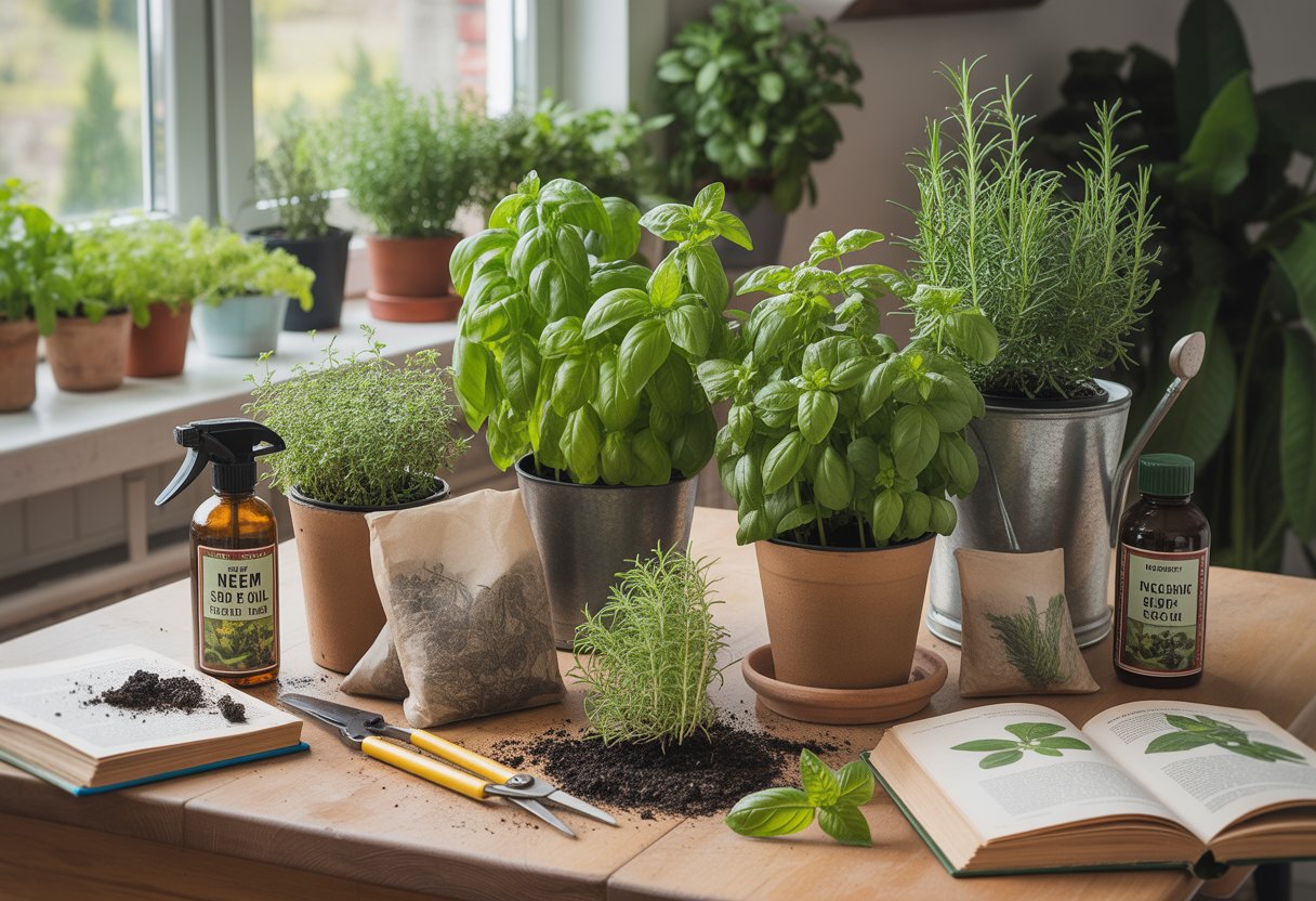 Indoor herb plants showing signs of pests and yellowing leaves with gardening tools and natural remedies nearby on a wooden table.