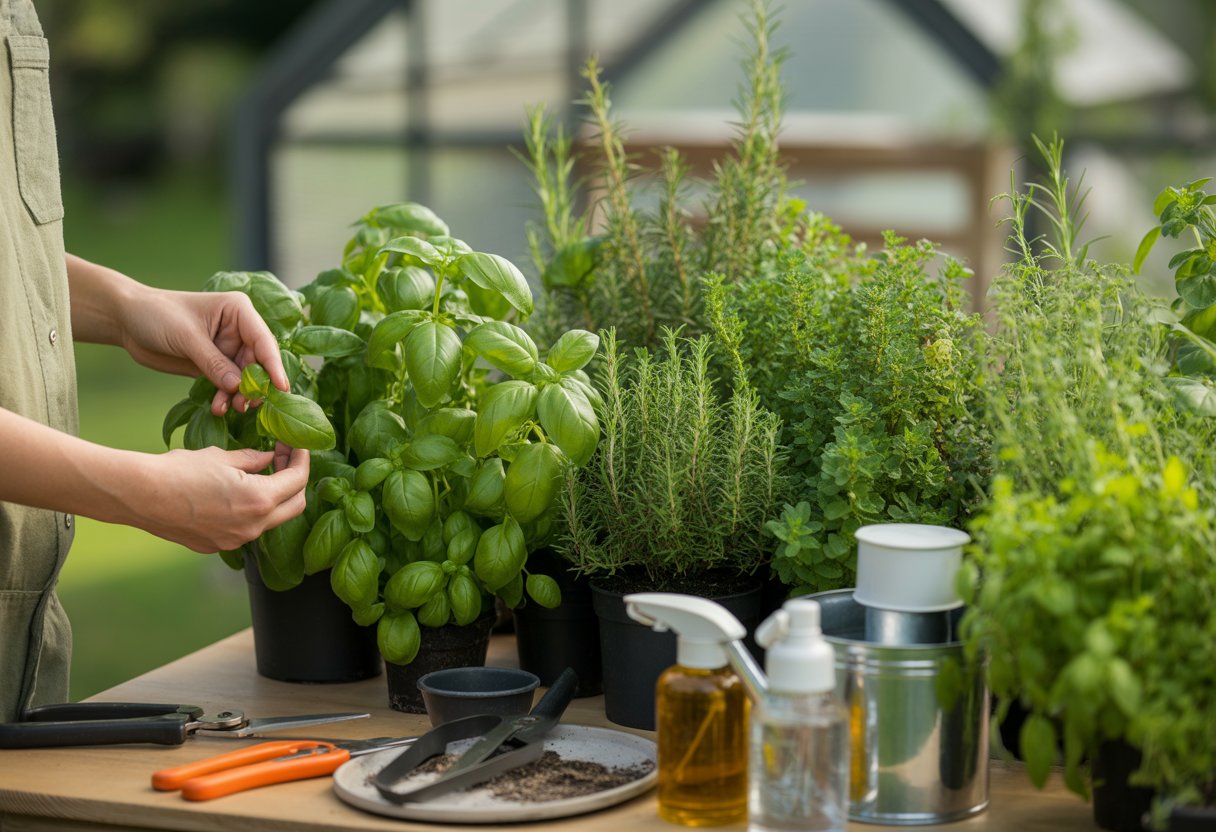 Close-up of a healthy herb garden with a gardener's hands inspecting leaves and gardening tools on a table nearby.