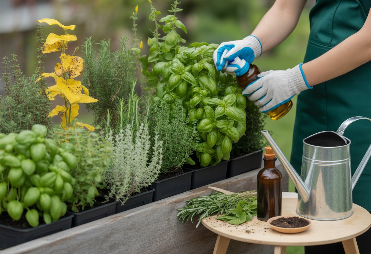 A gardener inspecting healthy and problematic herb plants with natural remedies on a wooden table in a garden.