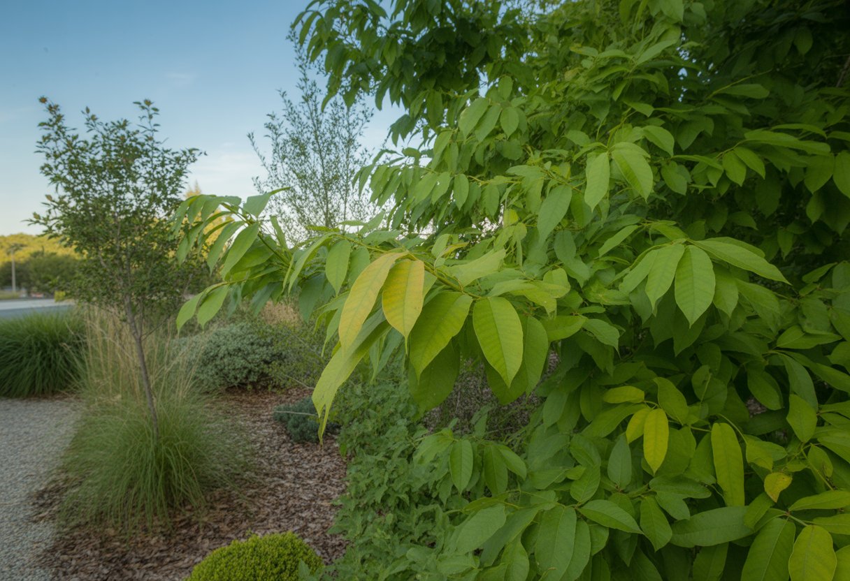 A landscaped garden area in New York with healthy sassafras trees and native plants under a clear sky.