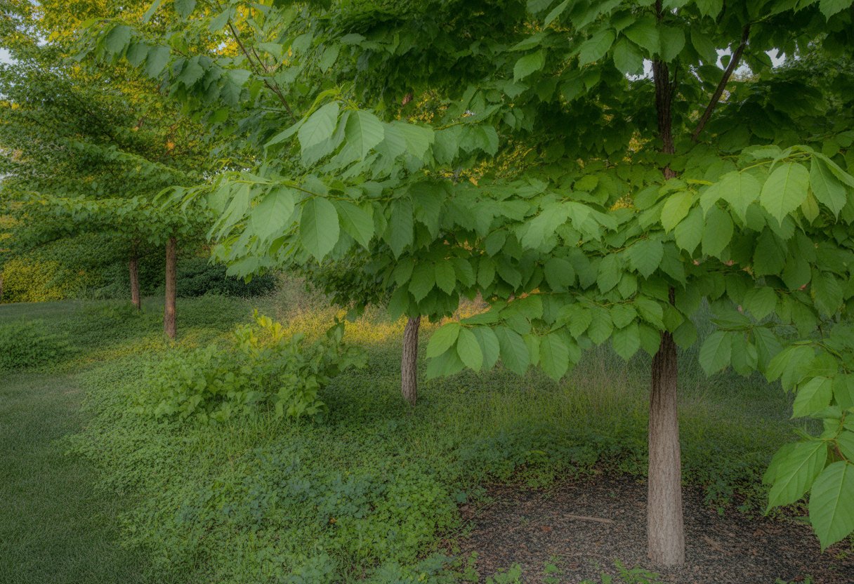 A green New York landscape featuring native sassafras trees with distinctive leaves and natural vegetation under soft daylight.