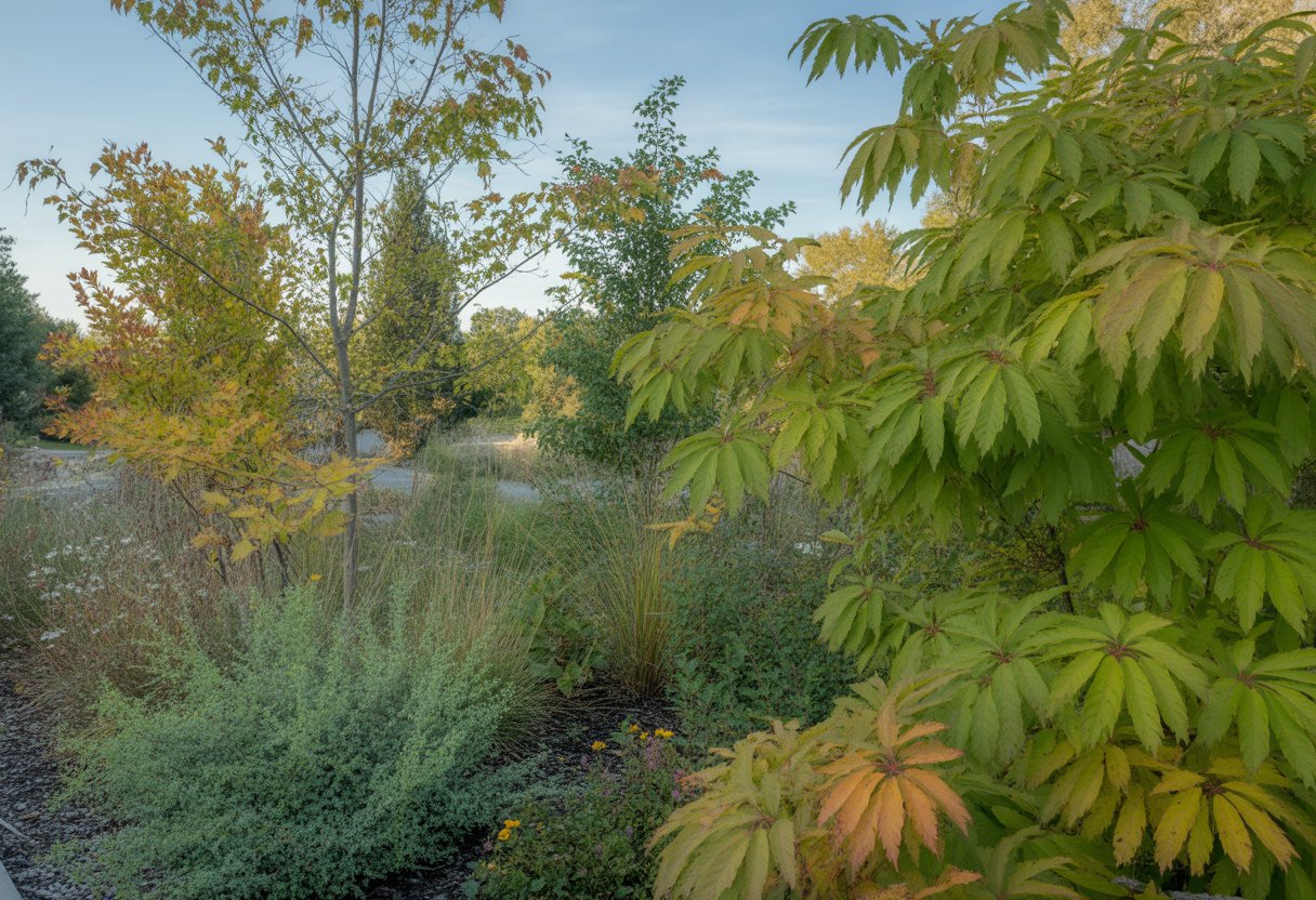 A natural outdoor garden featuring native Sassafras trees and shrubs with green and yellow leaves under a clear sky.